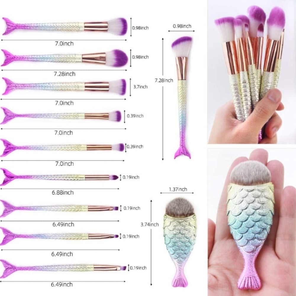 Rainbow Mermaid Makeup Brushes 11pc set - Picture 2 of 4